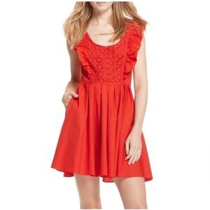 Free People Embroidered Mini Dress Size S Red Pleated Ruffle Romantic Pockets